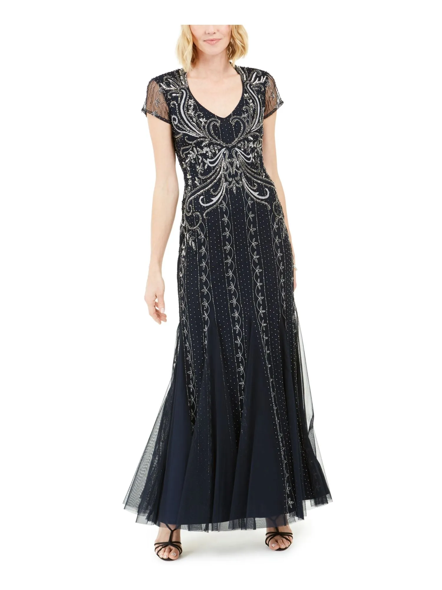 ADRIANNA PAPELL Womens Navy Beaded Cap Sleeve V Neck Full-Length Evening Fit   Flare Dress