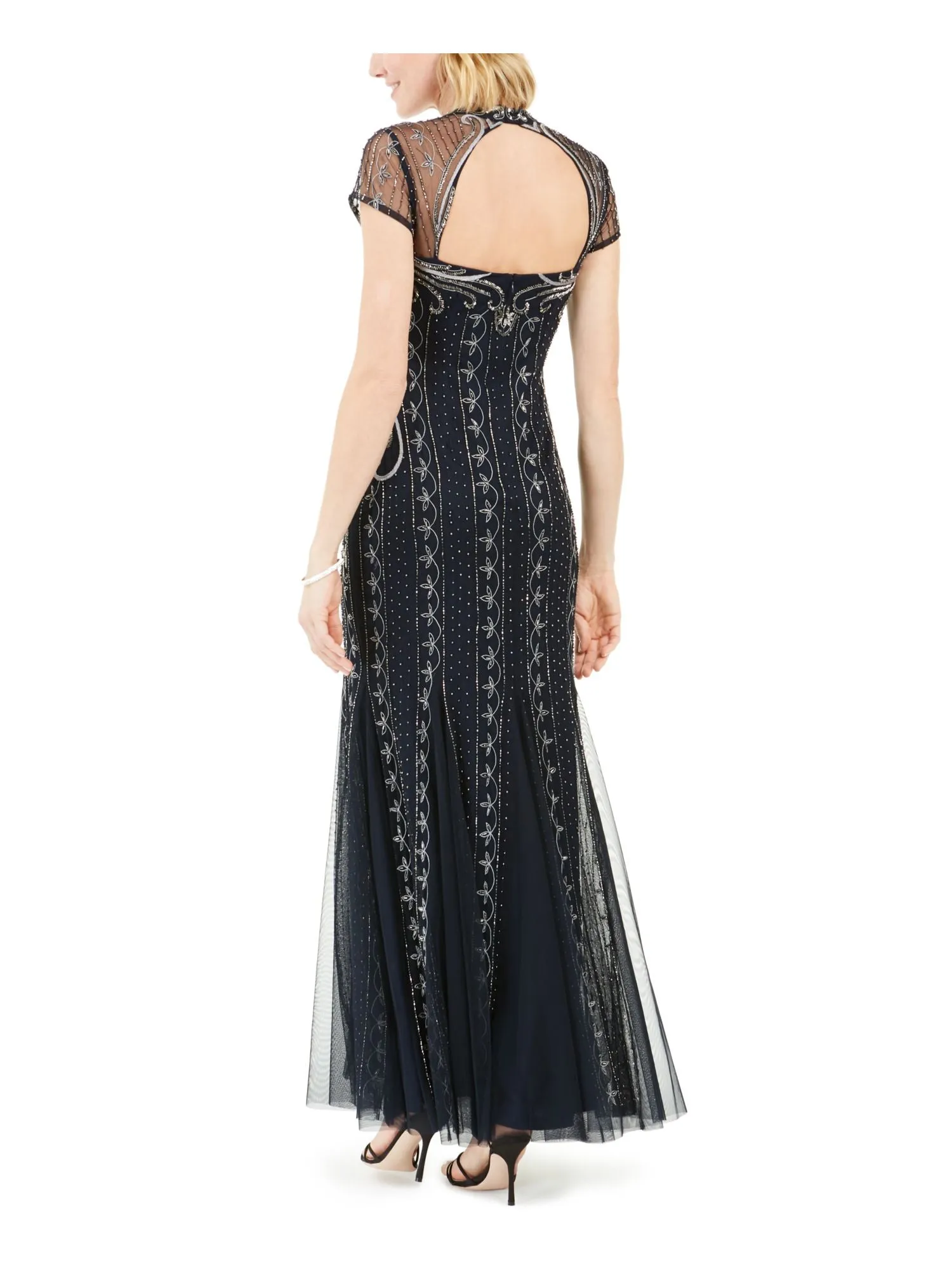 ADRIANNA PAPELL Womens Navy Beaded Cap Sleeve V Neck Full-Length Evening Fit   Flare Dress