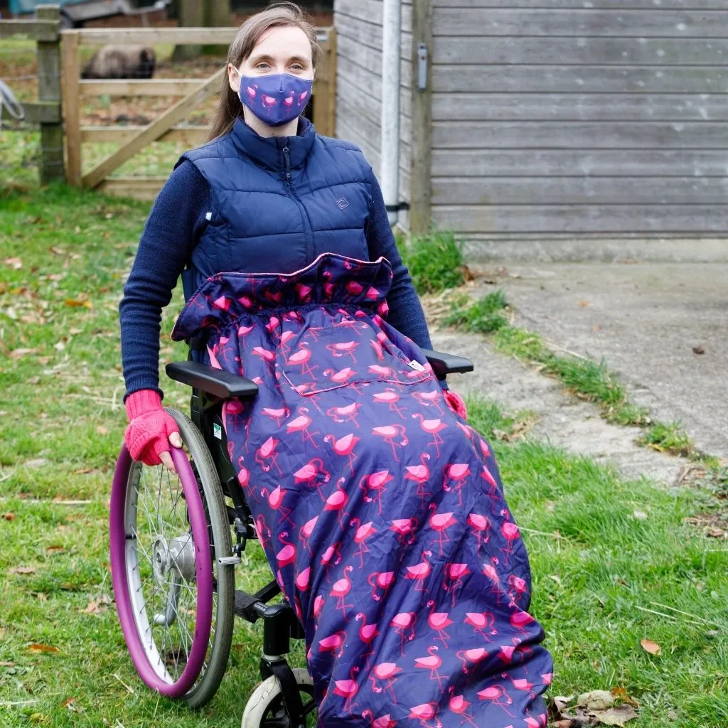 Adult fleece-lined wheelchair cosy - NAVY FLAMINGO