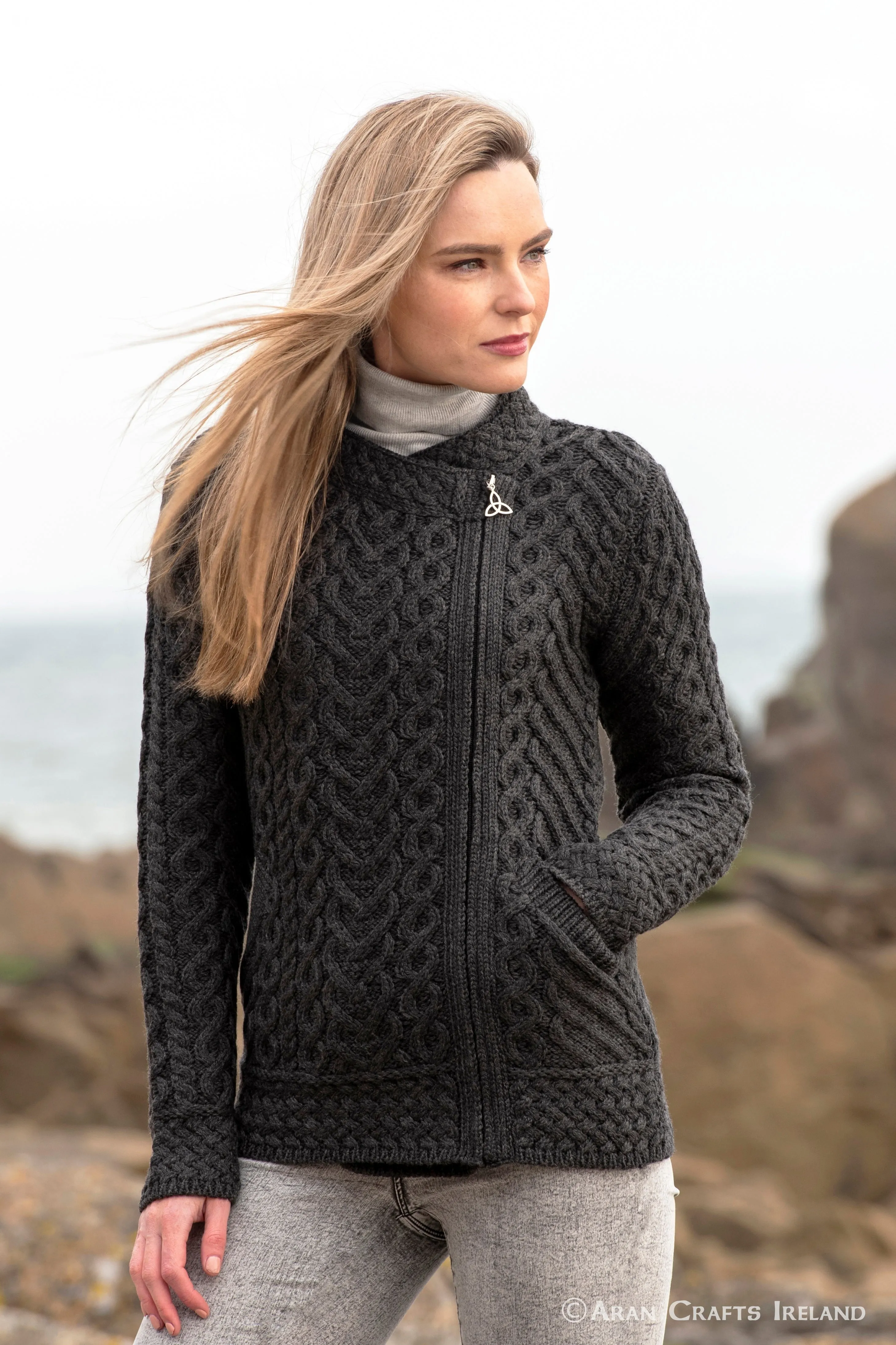 Aran Heart Design Zip Cardigan | Charcoal