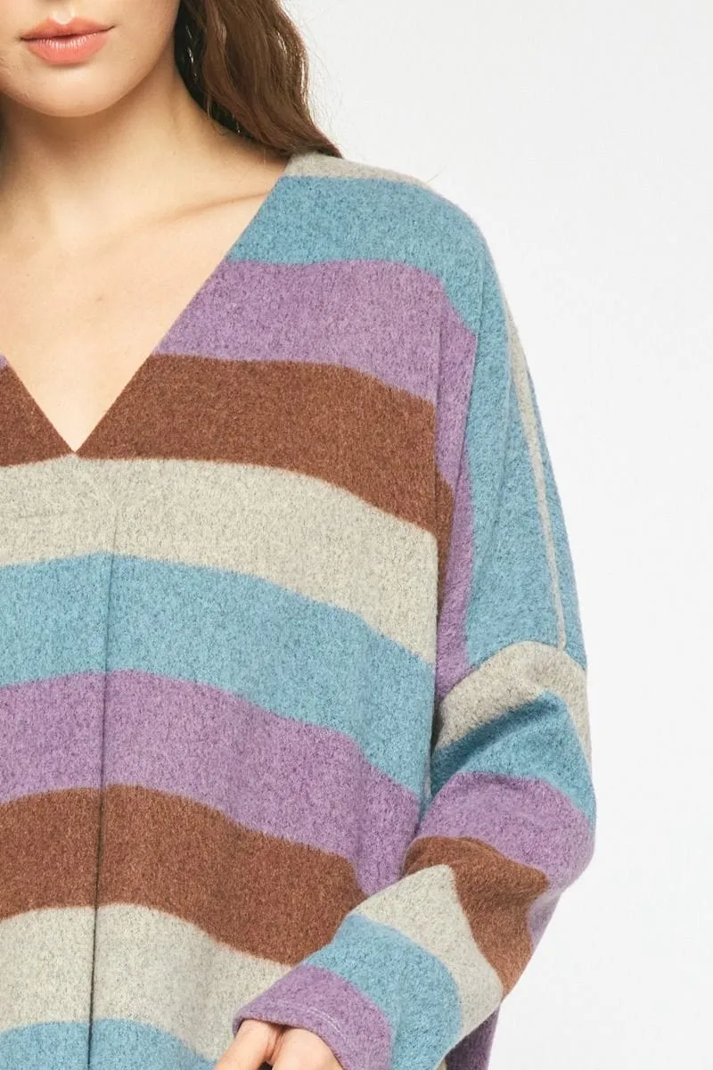 Asher Block Stripe Vneck Pullover in Blue   Purple Mix