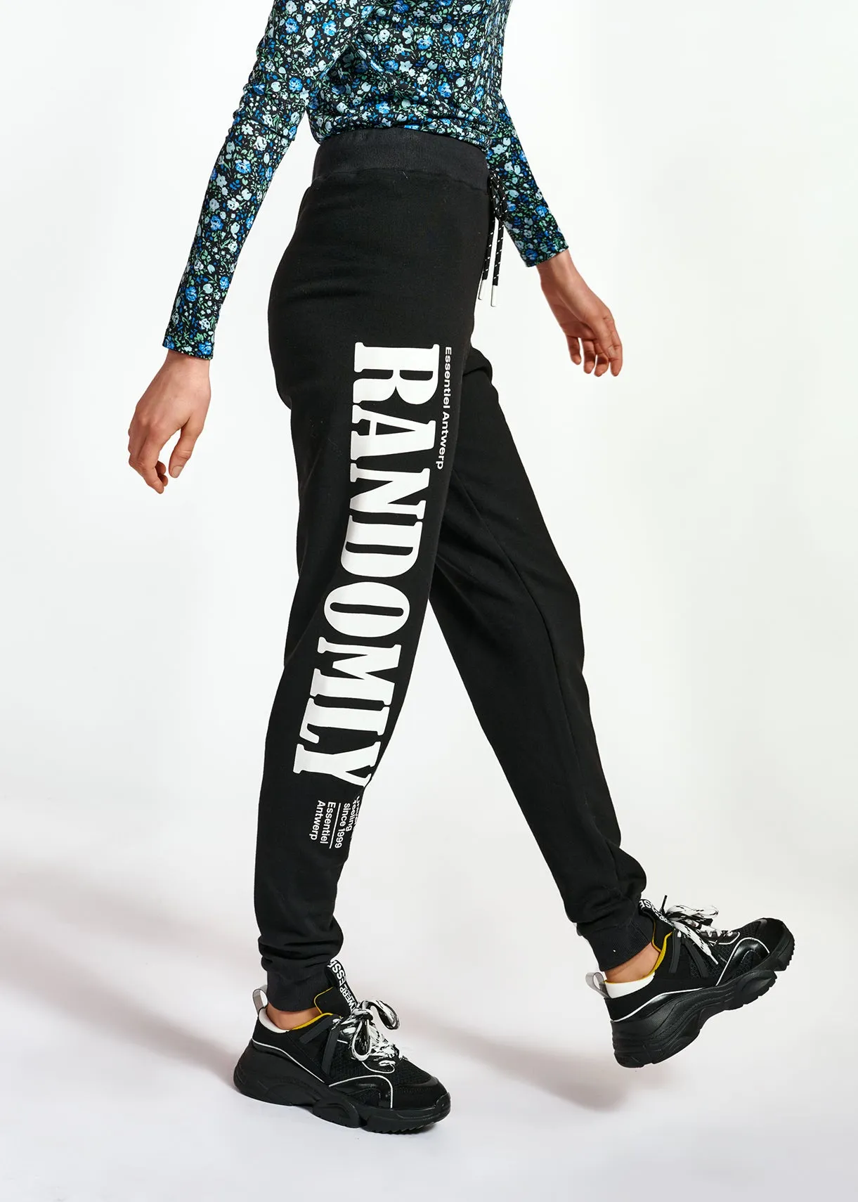 Black jersey track pants with print