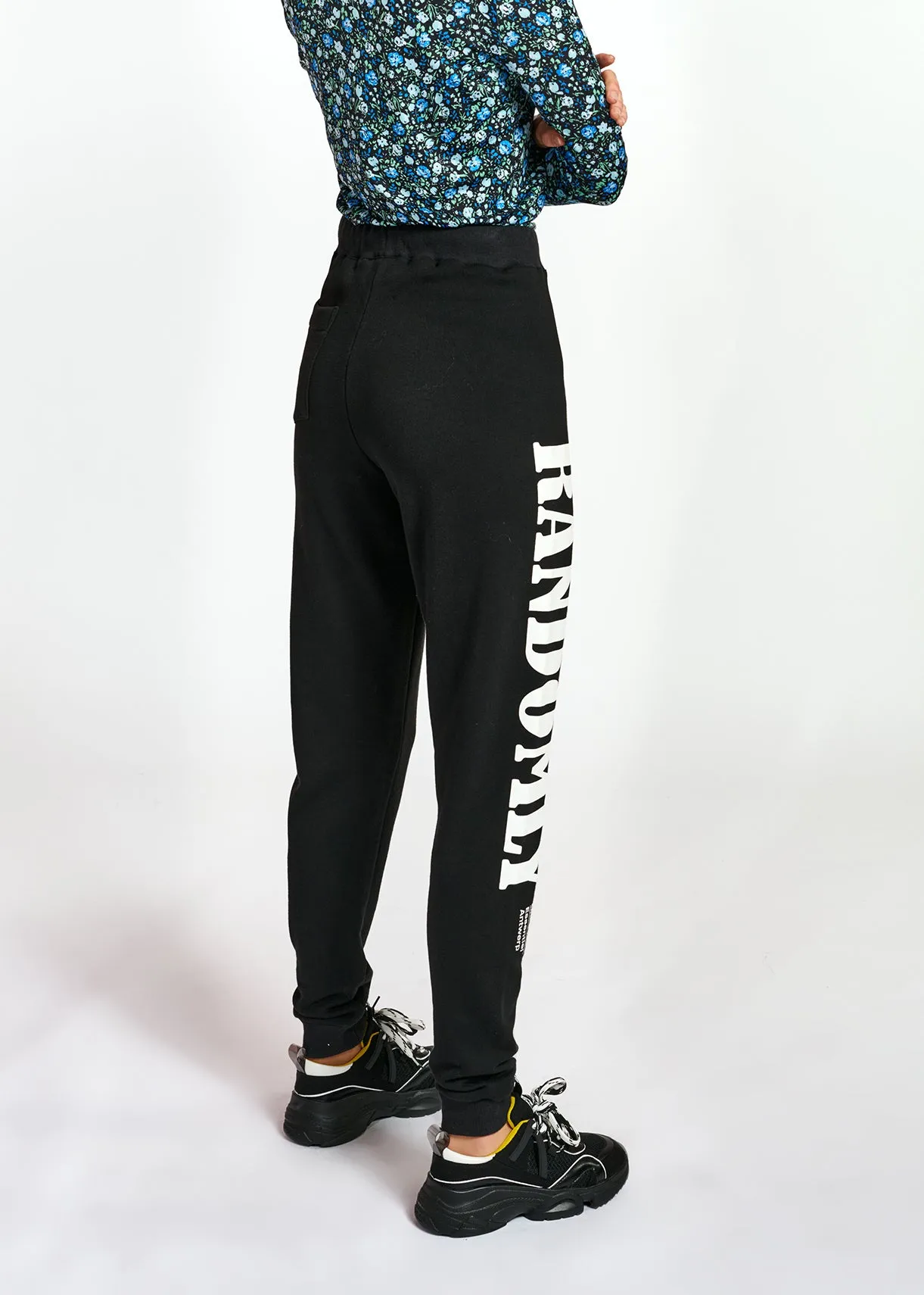 Black jersey track pants with print