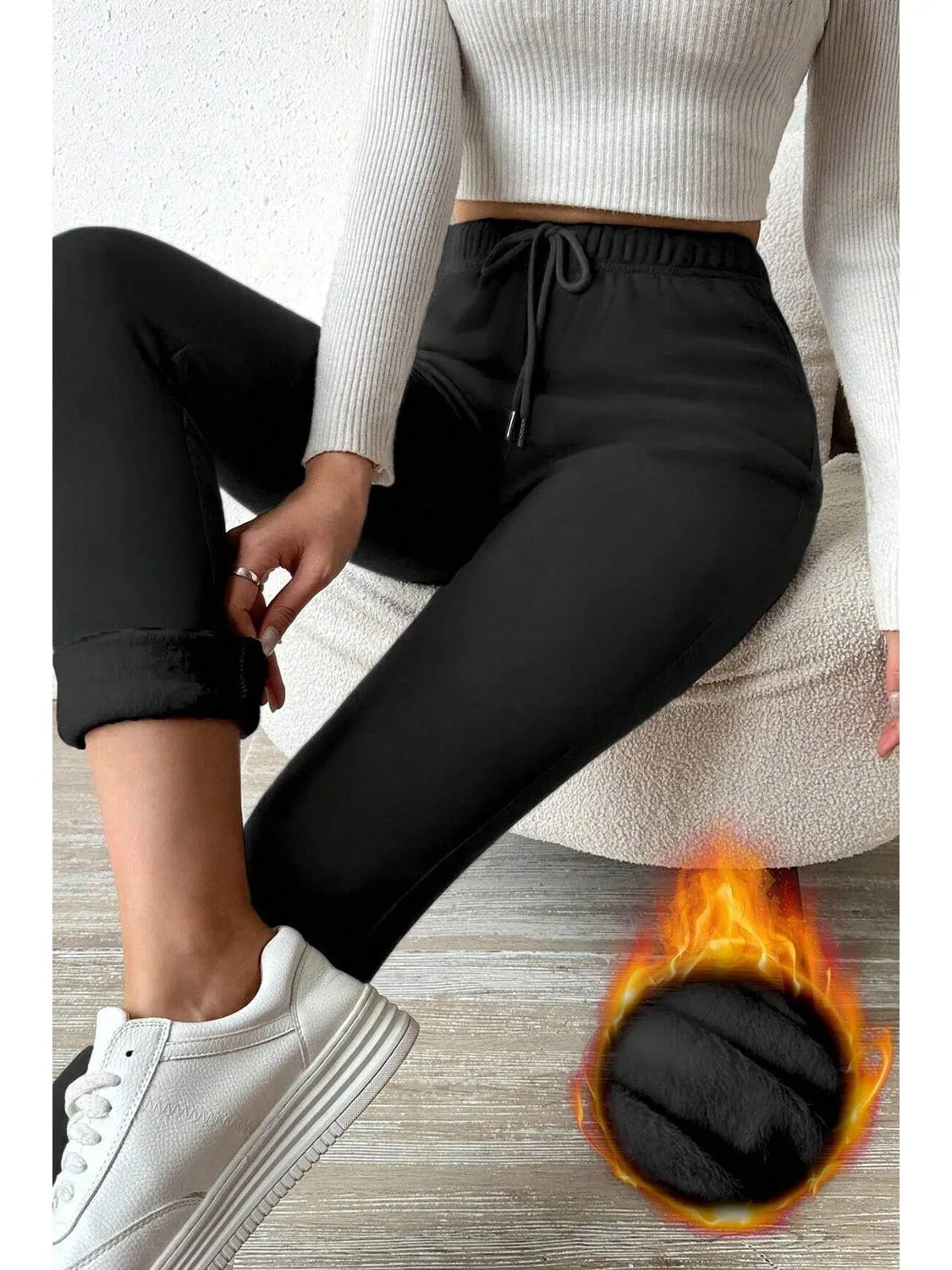 Black Thermal Lined Drawstring High Waist Leggings