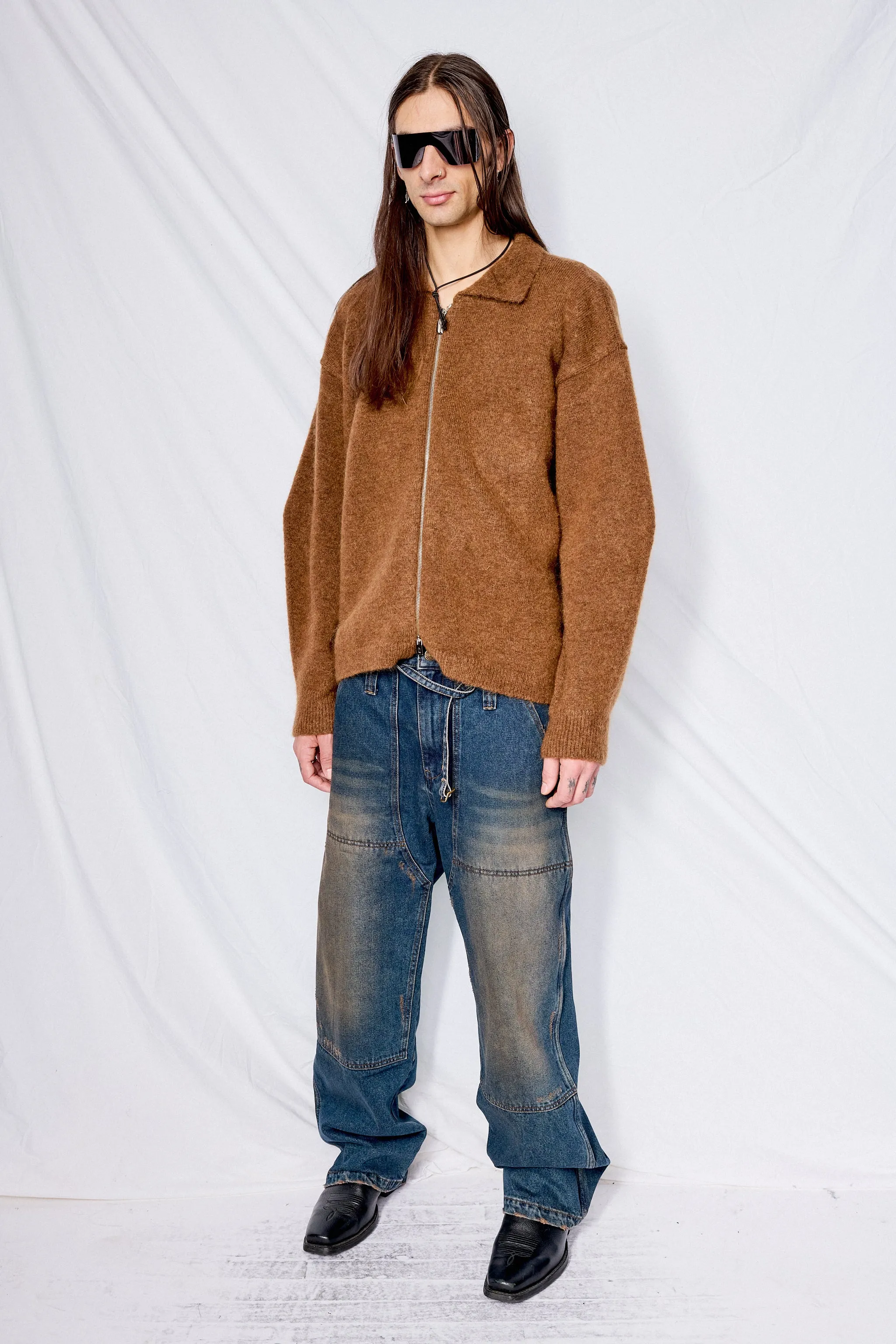 Brick Mohair Zip-Up Cardigan