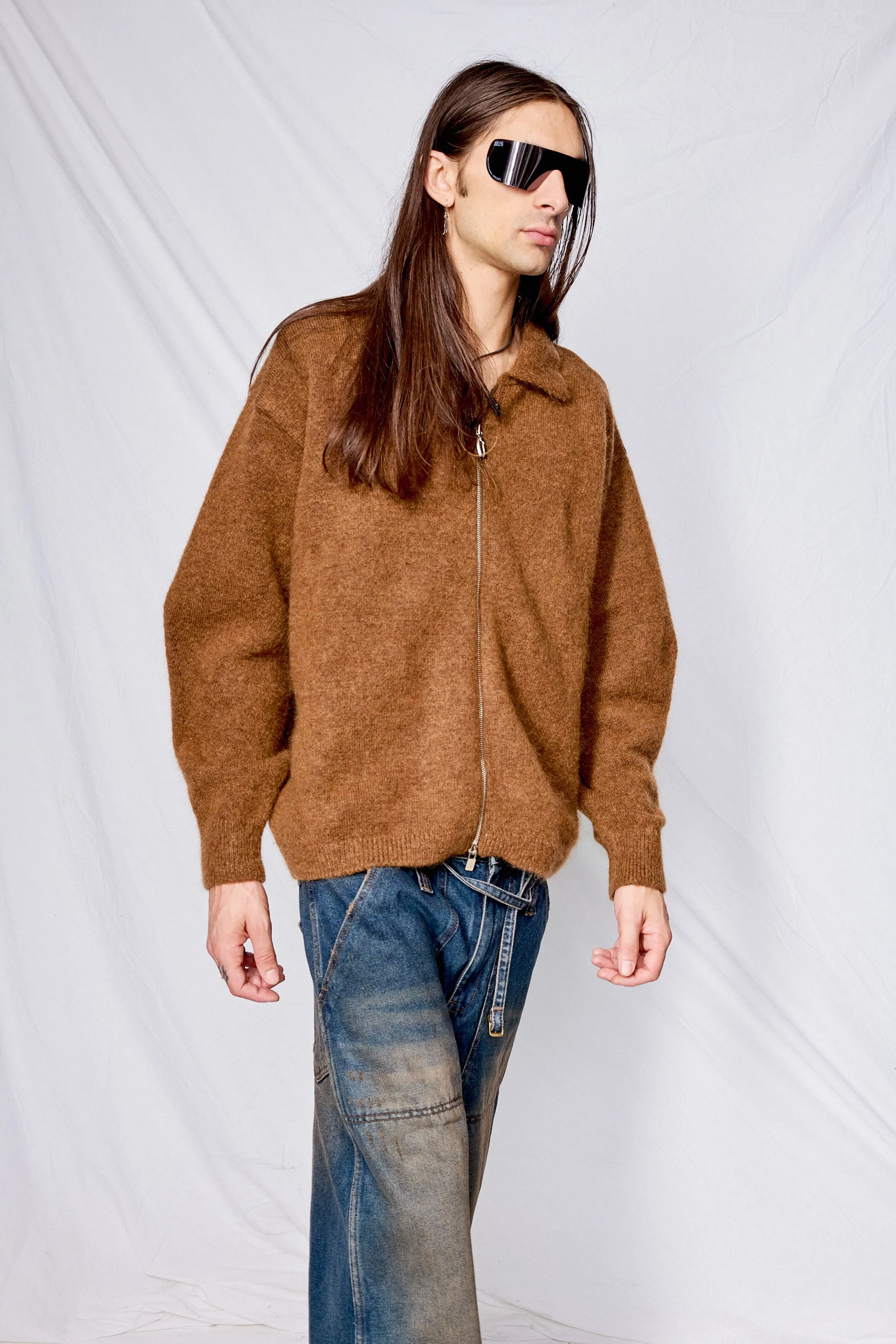 Brick Mohair Zip-Up Cardigan