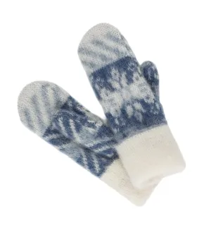 Brushed wool mittens 8-petalled rose pattern - White / Blue