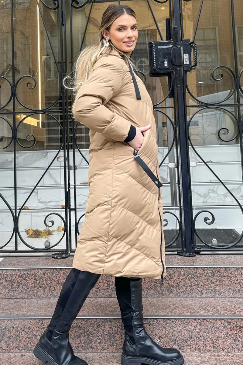 CAMEL HOODED PUFFER COAT WITH ZIP FRONT POCKETS