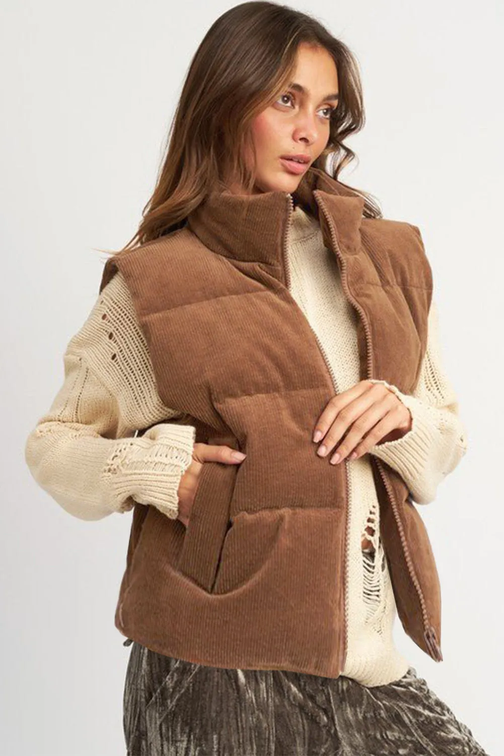 Coffee Corduroy Stand Neck Zipped Puffer Vest