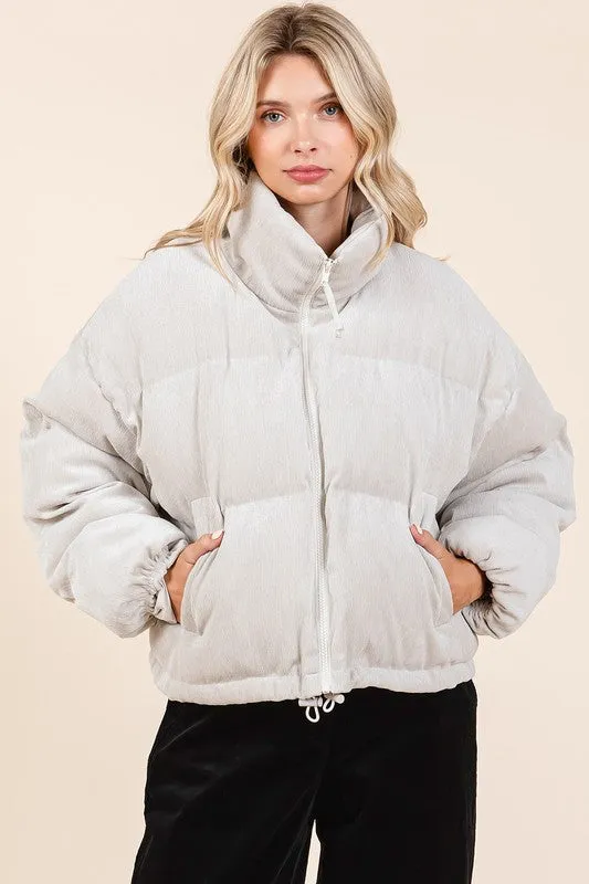 CORDUROY ZIP UP CROPPED PUFFER JACKET - SAND