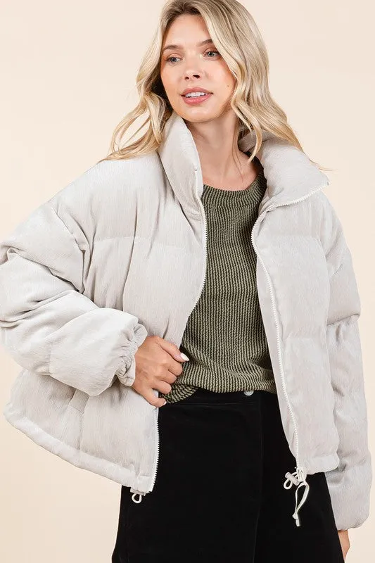 CORDUROY ZIP UP CROPPED PUFFER JACKET - SAND