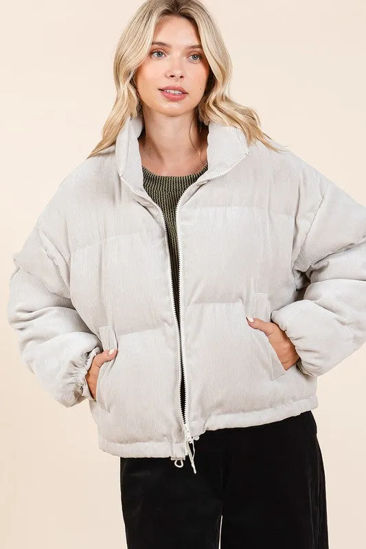 CORDUROY ZIP UP CROPPED PUFFER JACKET - SAND