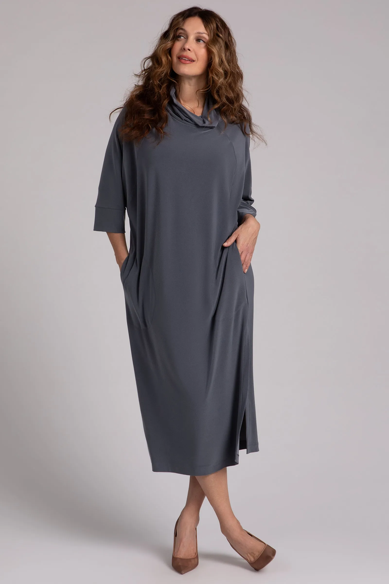 Cozy Raglan Funnel Neck Dress | Melange Gunmetal