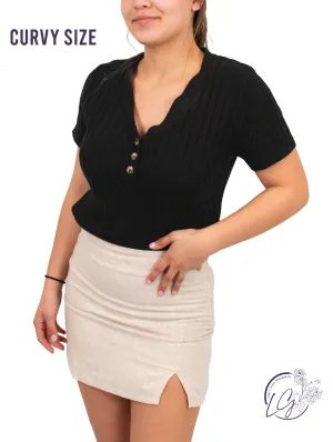 Curvy Soft Ribbed Button Detail Top