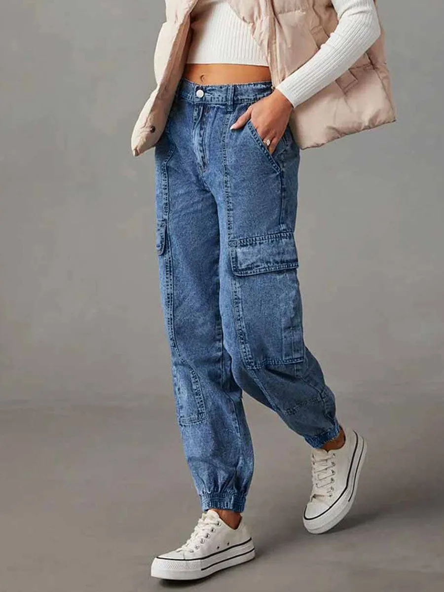 Fashion Casual Elastic Waist Loose Cargo Jeans