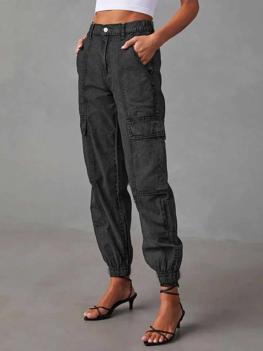 Fashion Casual Elastic Waist Loose Cargo Jeans