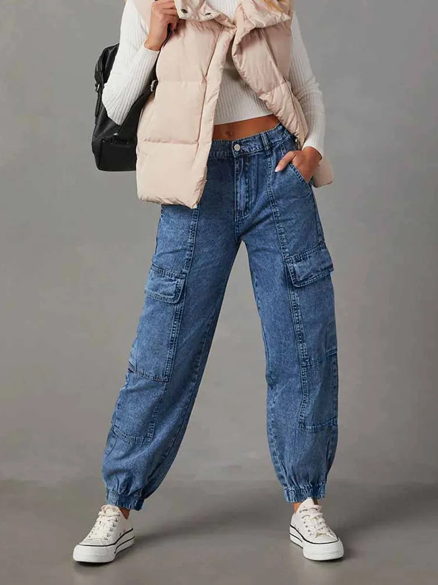 Fashion Casual Elastic Waist Loose Cargo Jeans