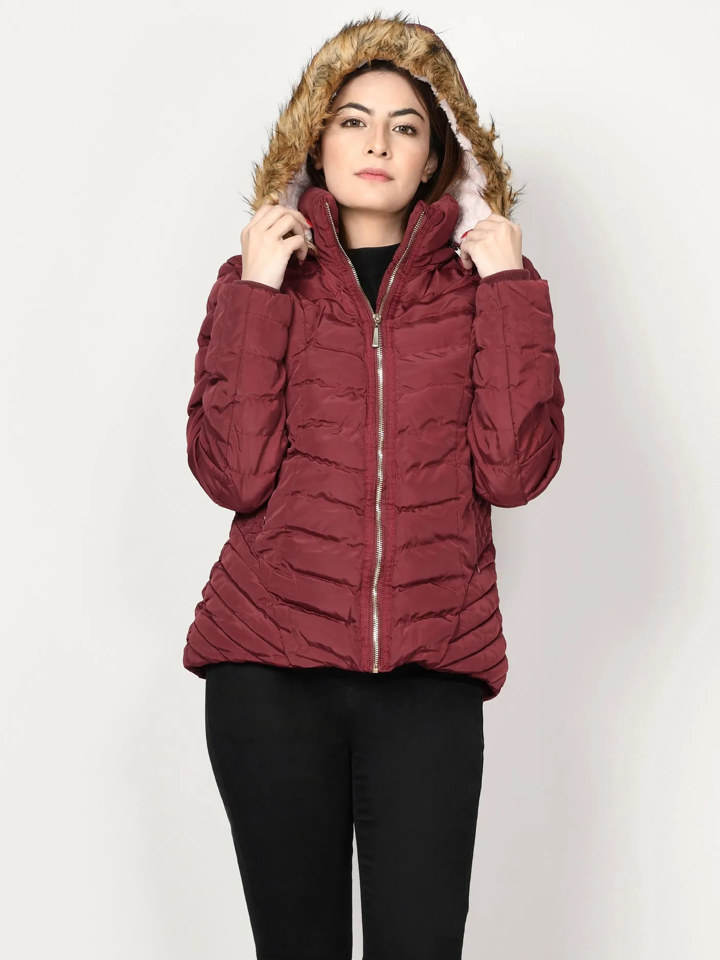 Faux Fur Puffer Jacket - Maroon