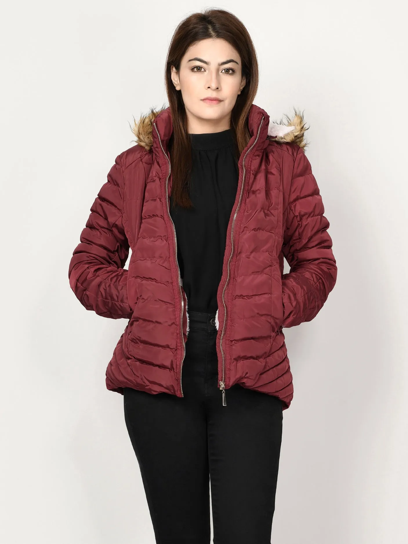 Faux Fur Puffer Jacket - Maroon