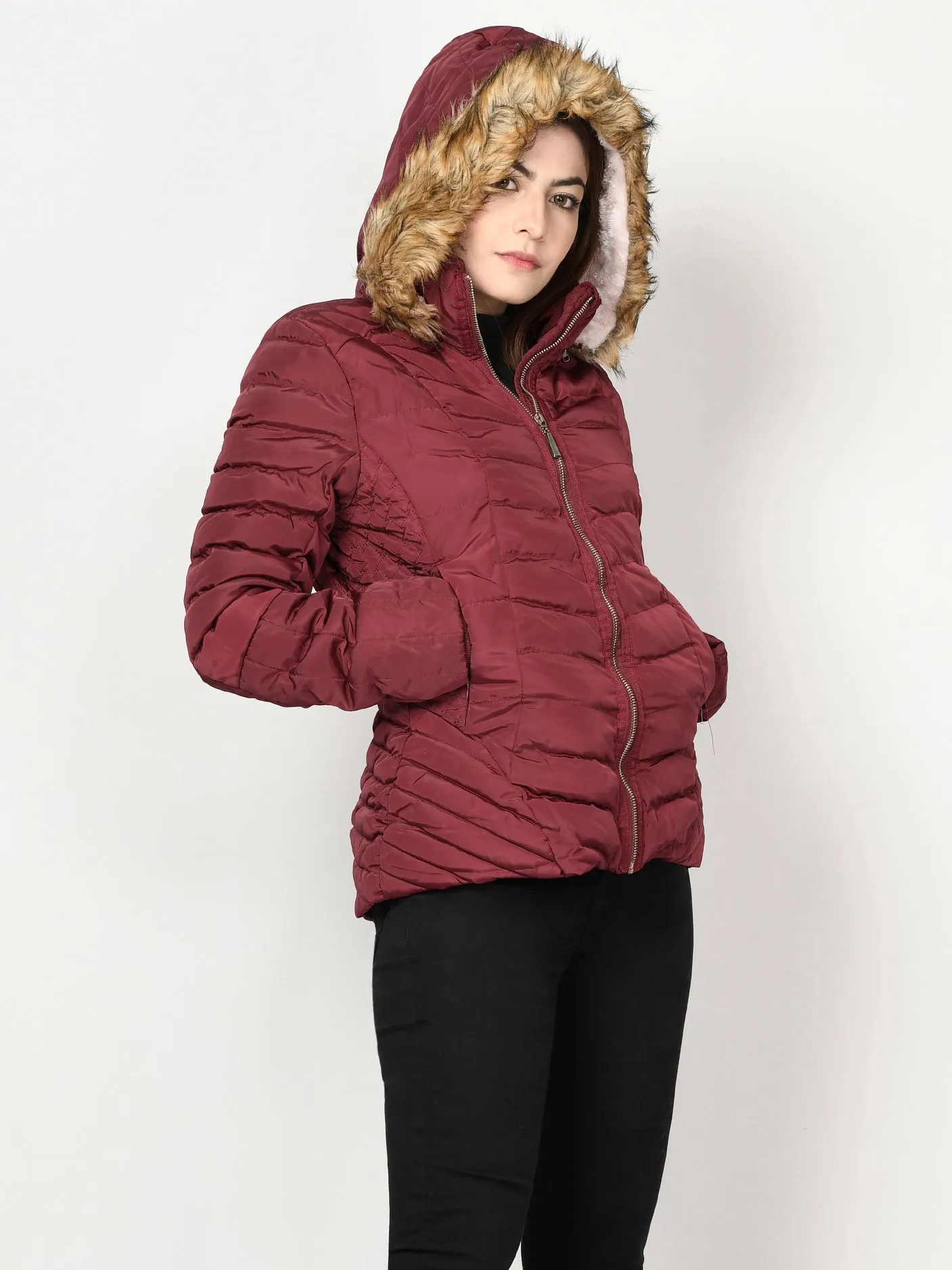 Faux Fur Puffer Jacket - Maroon