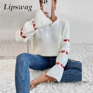 Flare Long Sleeve Sweater Knit Heart Loose Tops Pullover