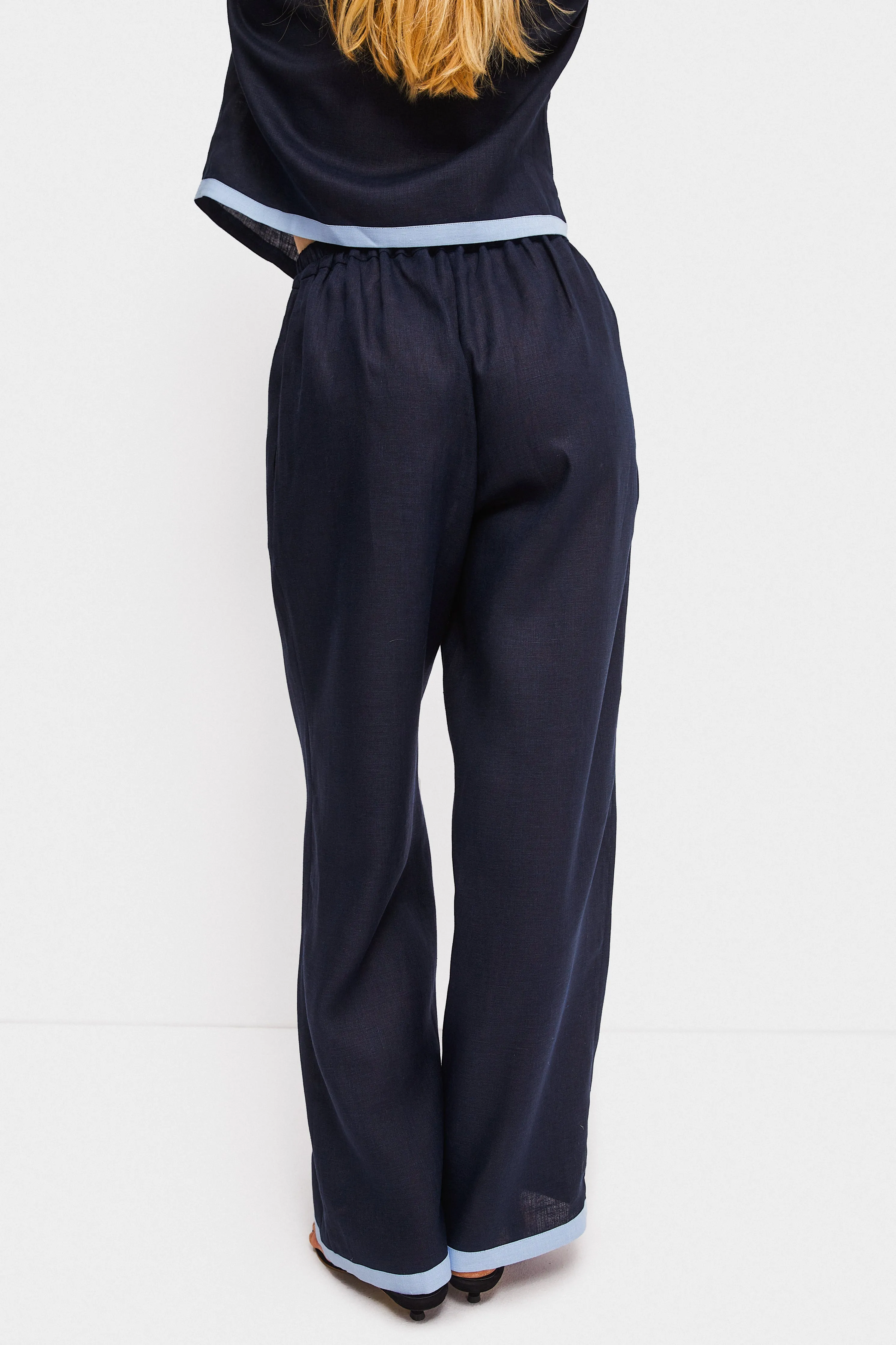 Garrick Embroidered Linen Pants in Navy