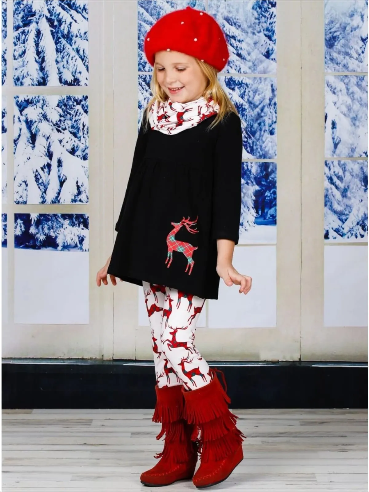 Girls Plaid Reindeer Tunic,Leggings and Scarf Set