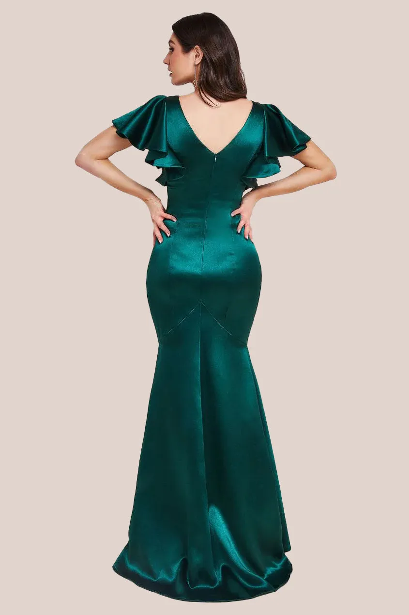 Goddiva Satin Flutter Sleeve Mermaid Maxi - Emerald Green