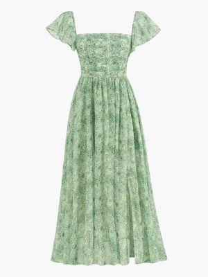 Gretel - Floral Print Midi Dress with Pleated Bodice and Side Slit