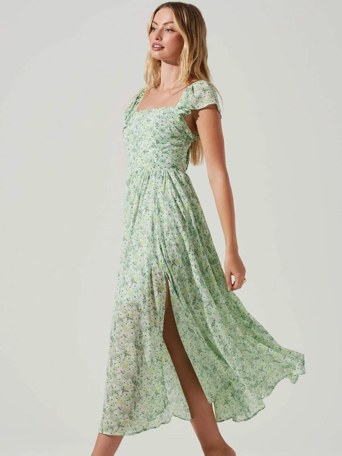 Gretel - Floral Print Midi Dress with Pleated Bodice and Side Slit