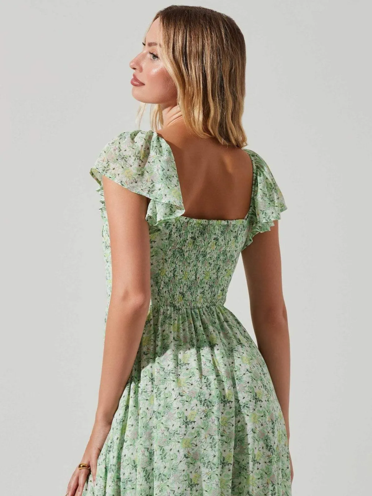 Gretel - Floral Print Midi Dress with Pleated Bodice and Side Slit