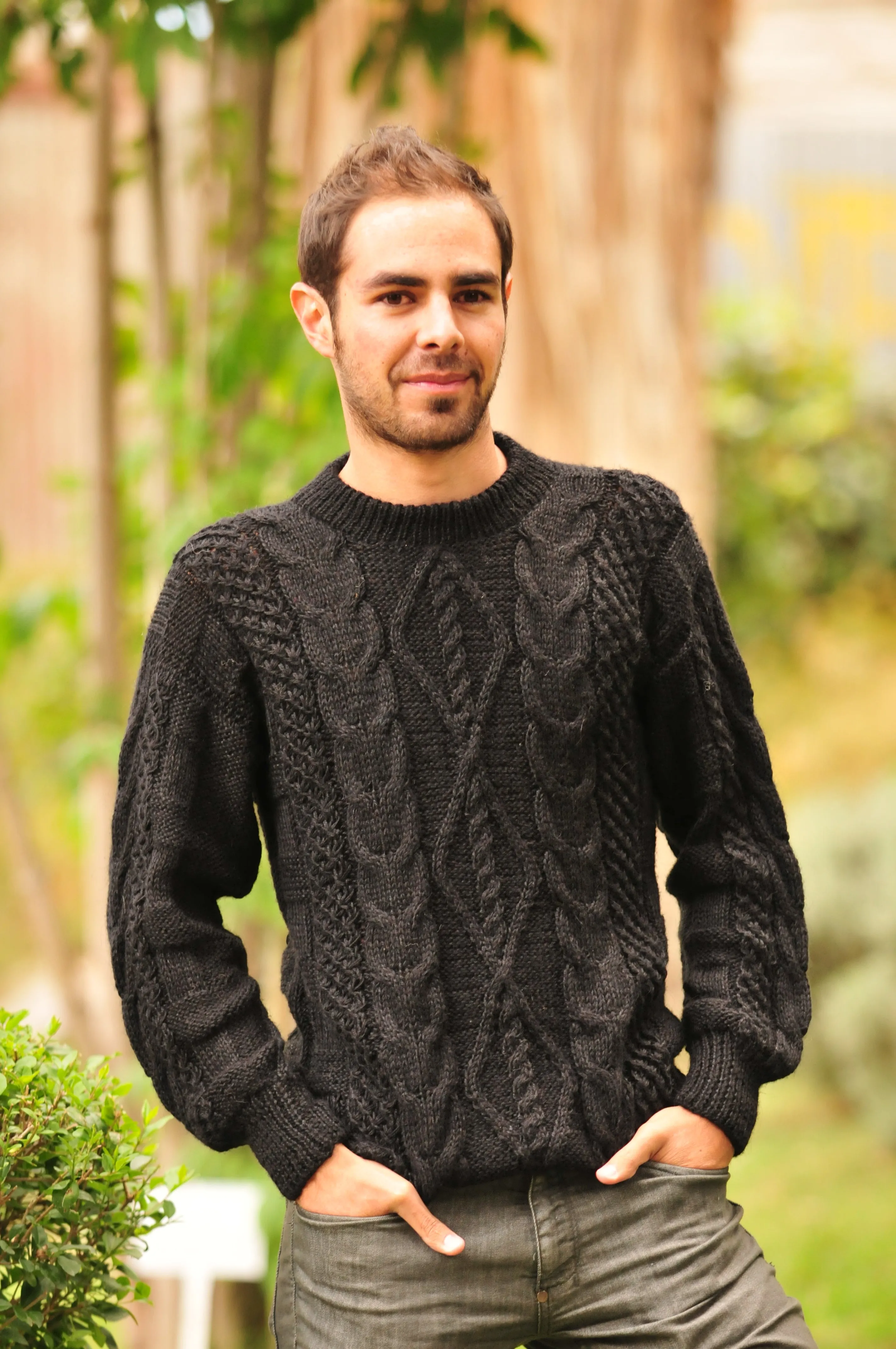 Hand Knitted Black Alpaca Sweater for Men