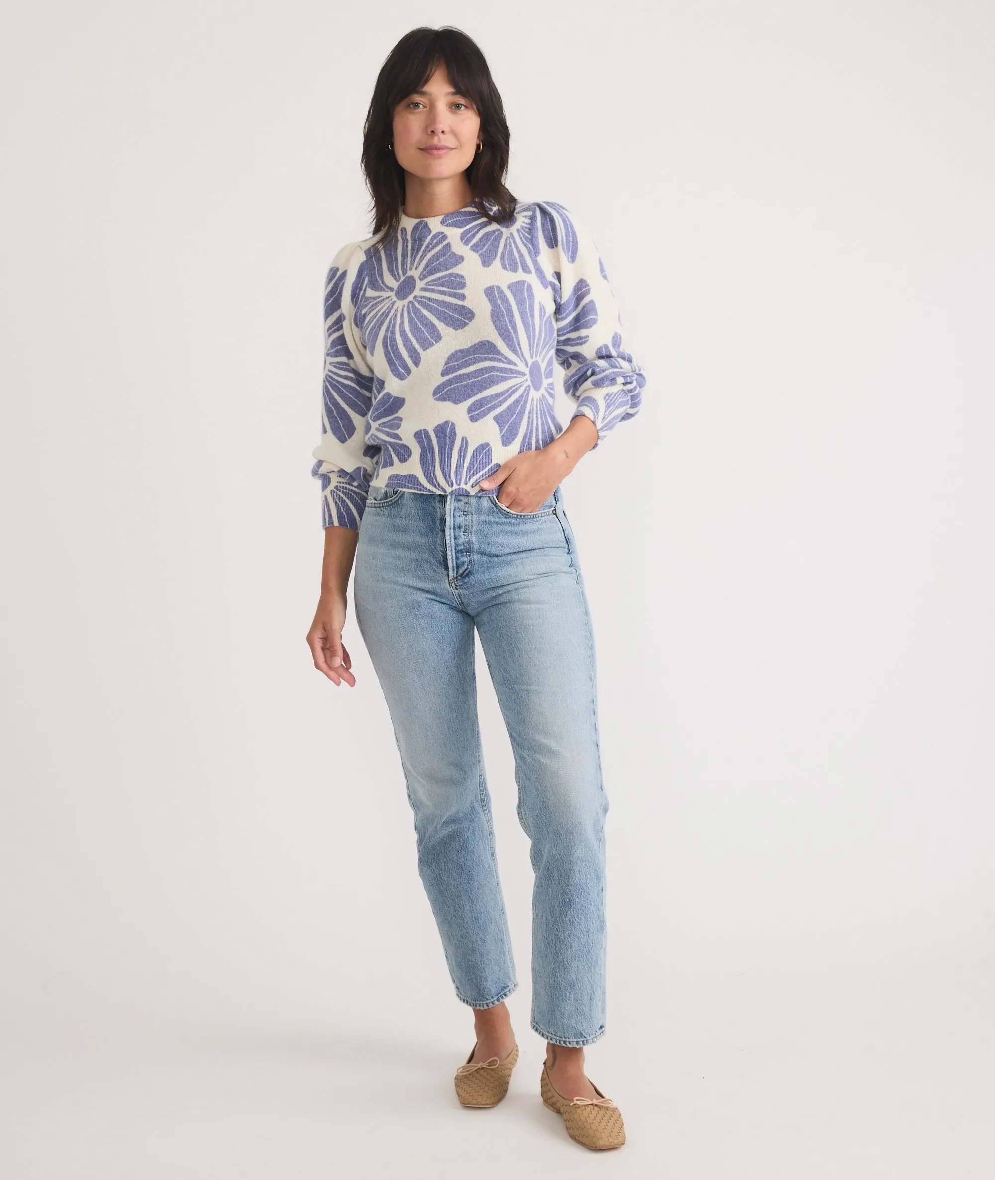 Marine Layer Print Alma Puff Sleeve Sweater in Royal Blue Floral