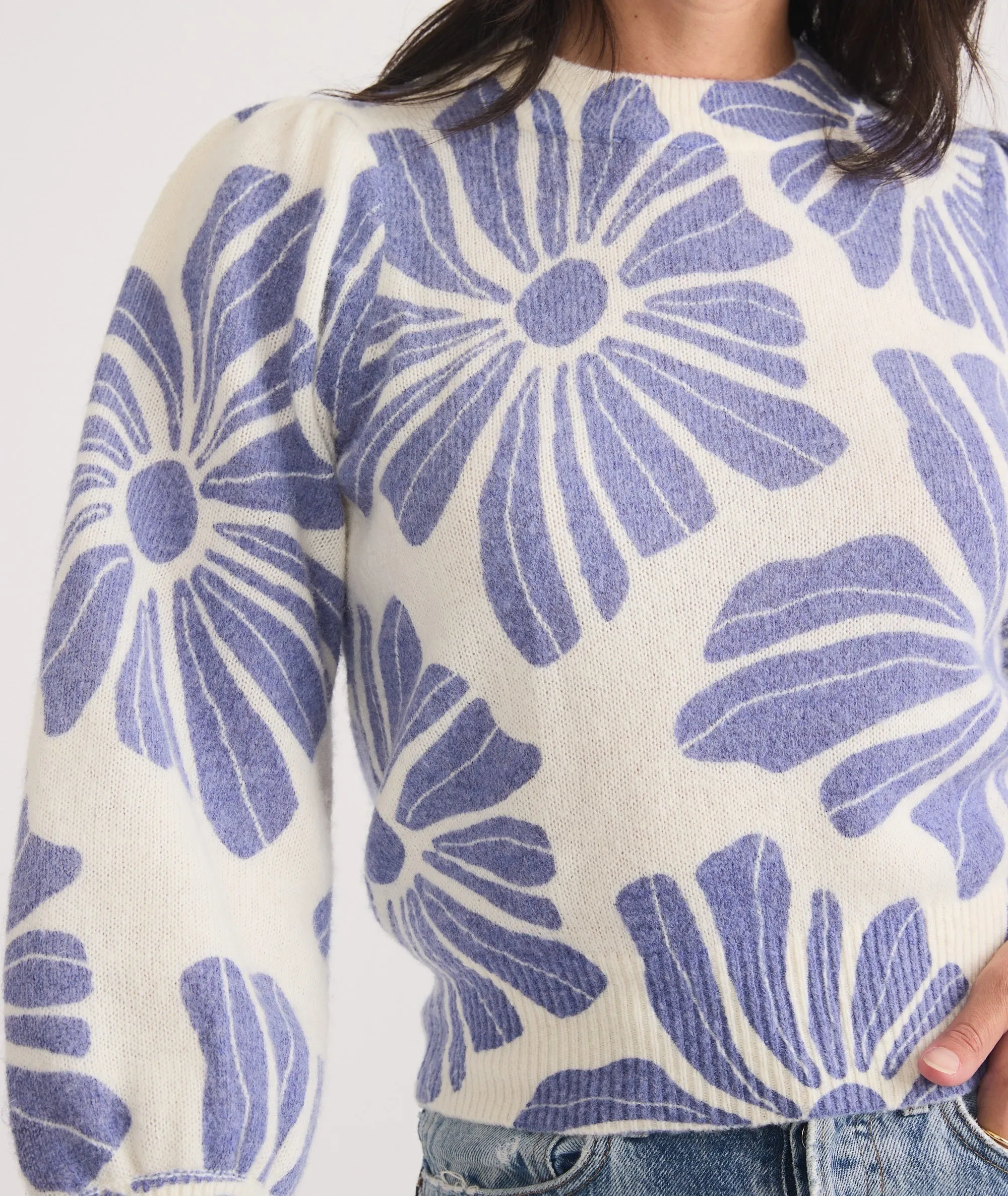 Marine Layer Print Alma Puff Sleeve Sweater in Royal Blue Floral