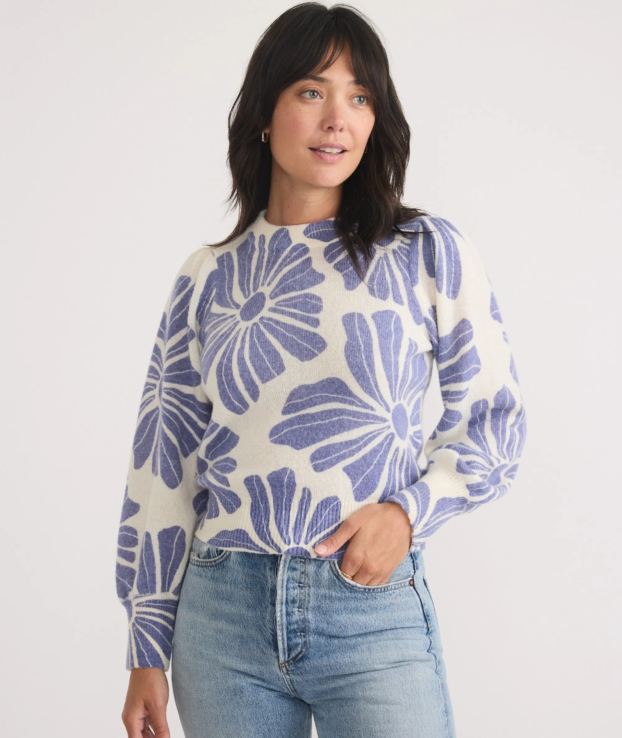 Marine Layer Print Alma Puff Sleeve Sweater in Royal Blue Floral