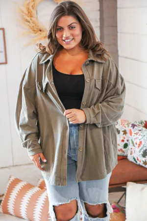 Olive Terry Button Down Oversized Shirt Shacket