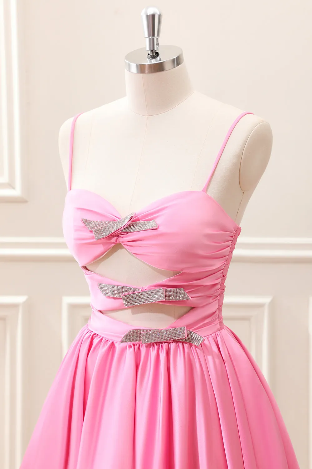 Preppy Pink A Line Spaghetti Straps Pleated Keyhole Mini Dress with Bows