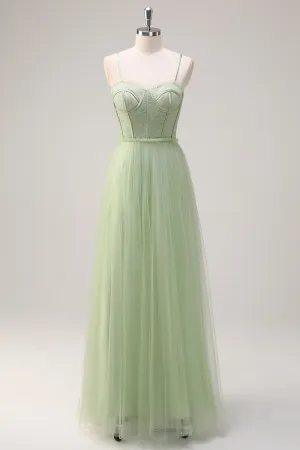 Sage A Line Corset Spaghetti Straps Tulle Bridesmaid Dress