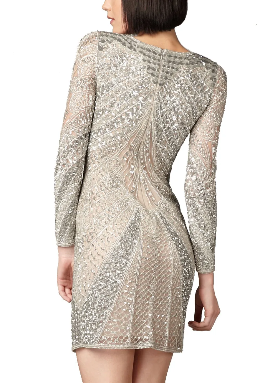 Silver Long Sleeves Beaded Shift Dress