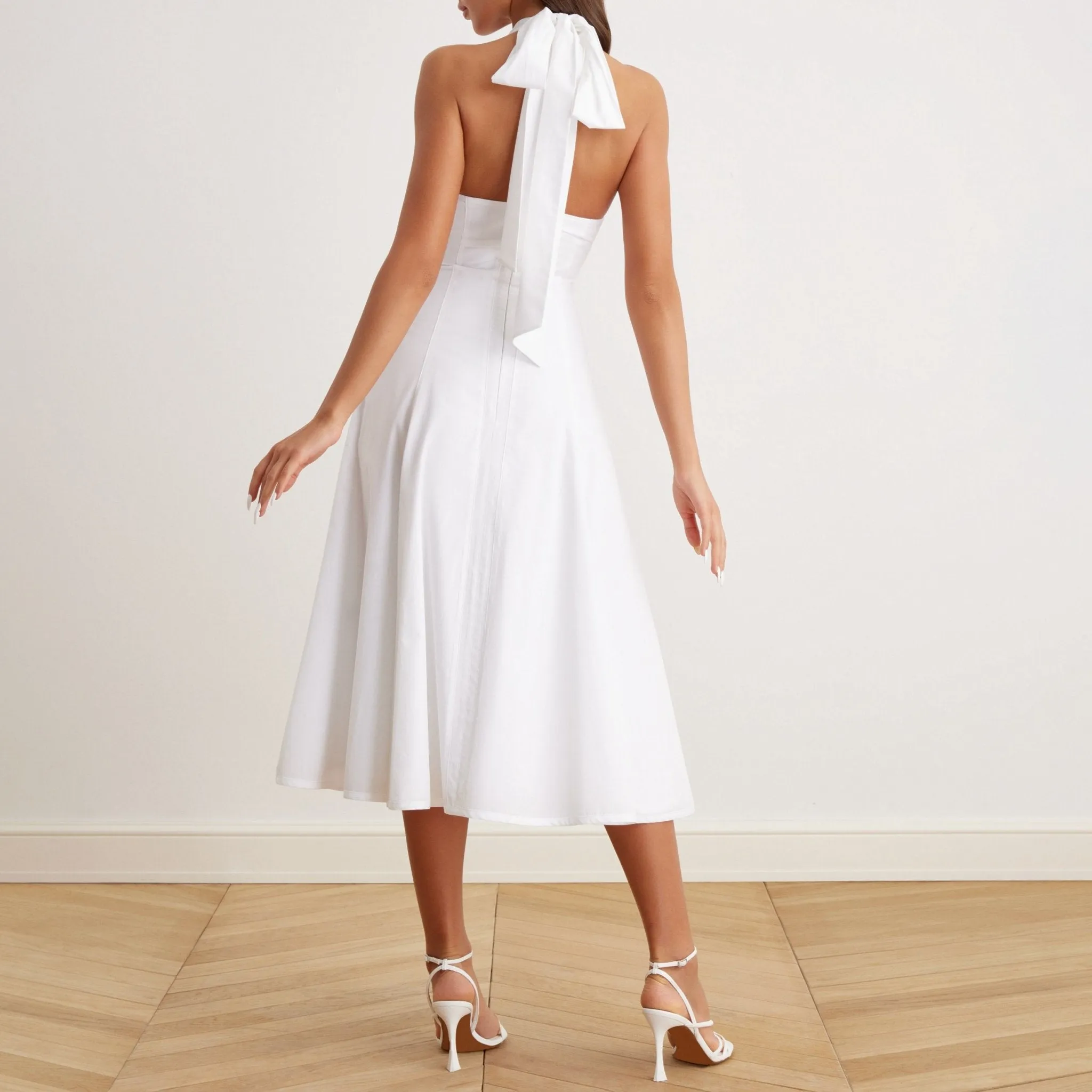 V-Neck Tiered Bow Back Midi Dress in Cotton