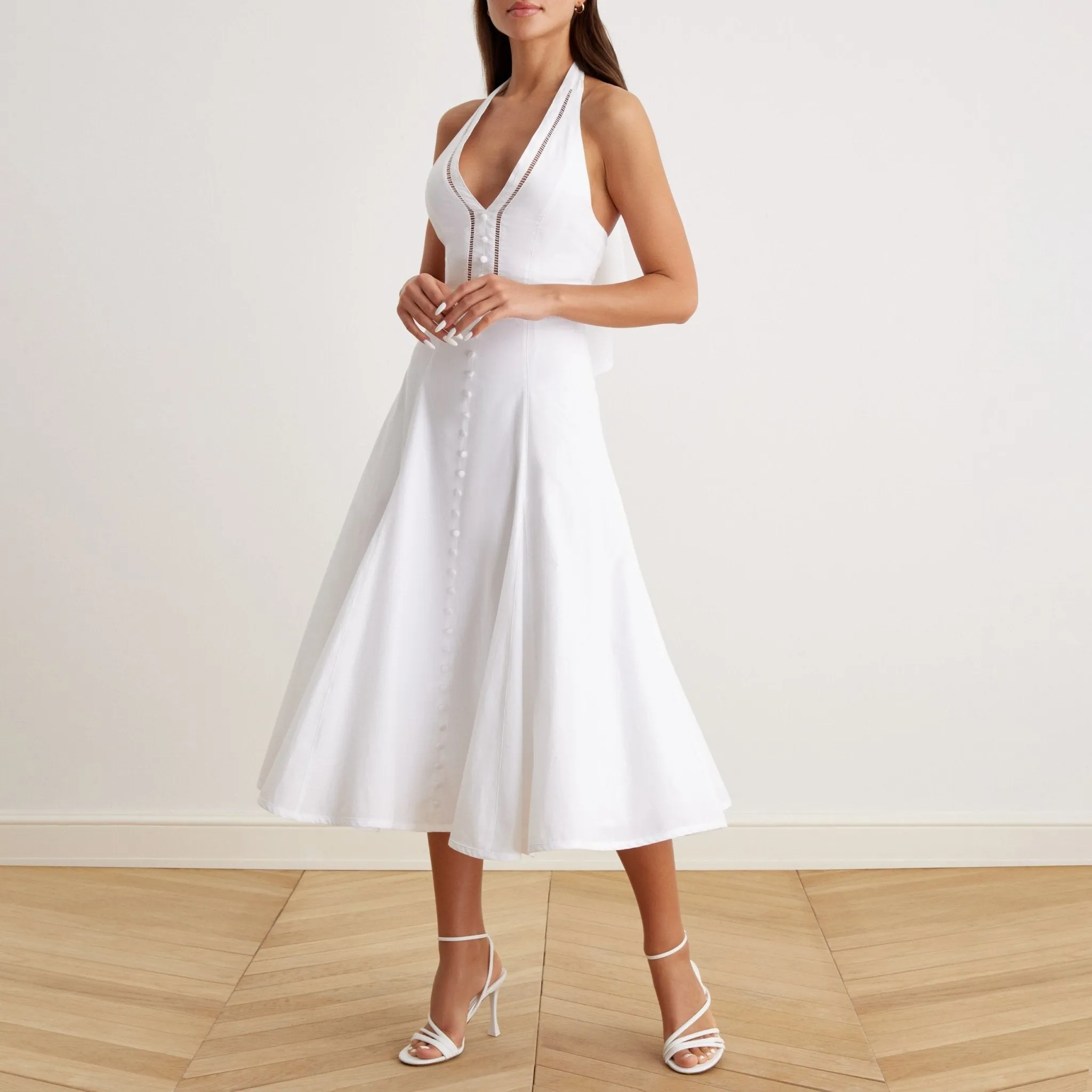 V-Neck Tiered Bow Back Midi Dress in Cotton