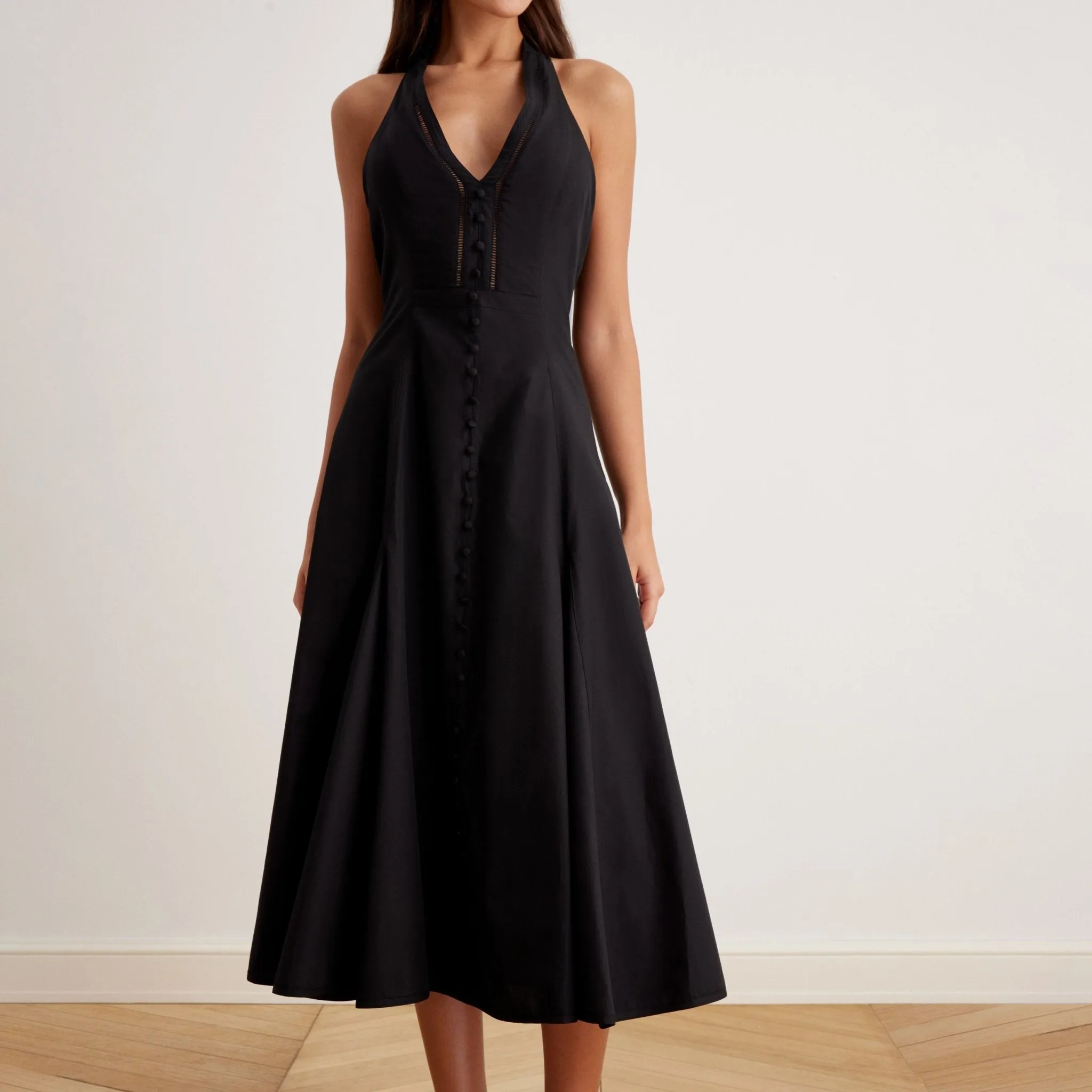 V-Neck Tiered Bow Back Midi Dress in Cotton