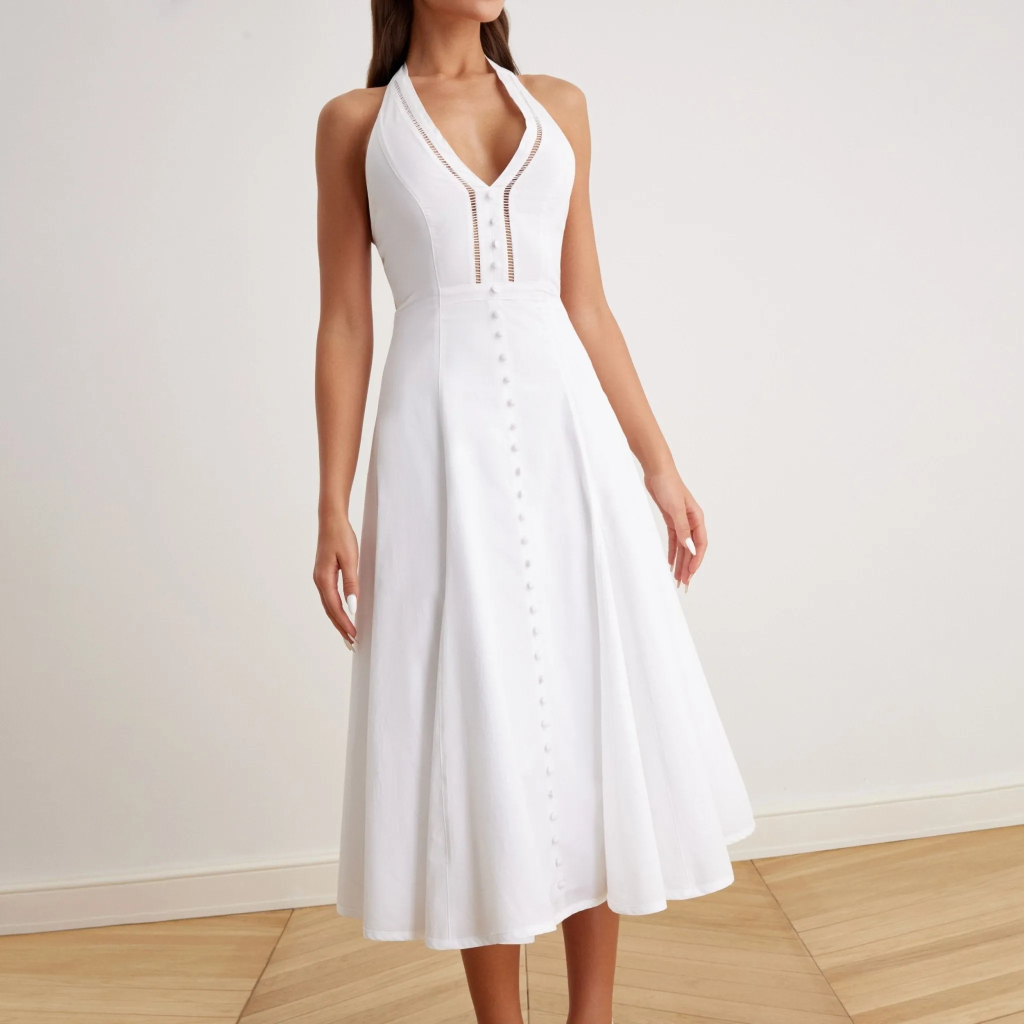 V-Neck Tiered Bow Back Midi Dress in Cotton