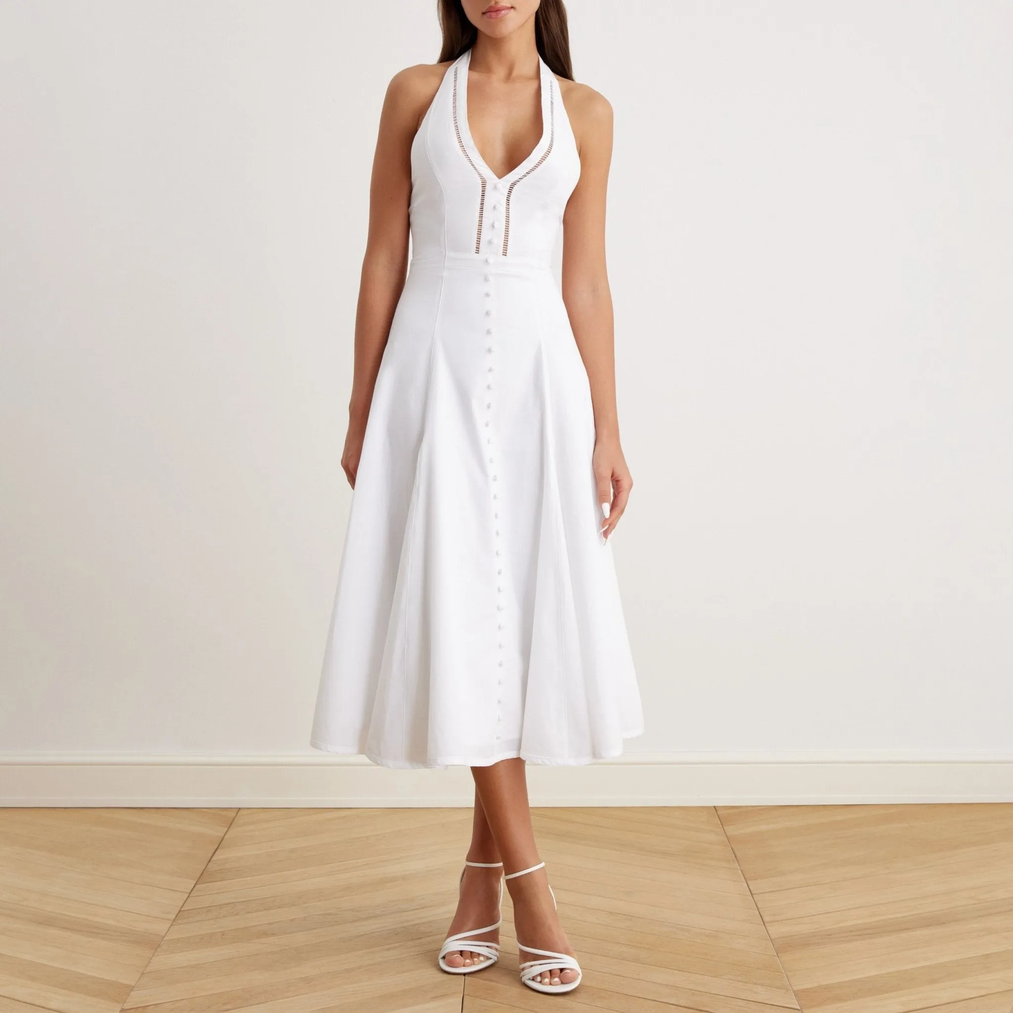 V-Neck Tiered Bow Back Midi Dress in Cotton