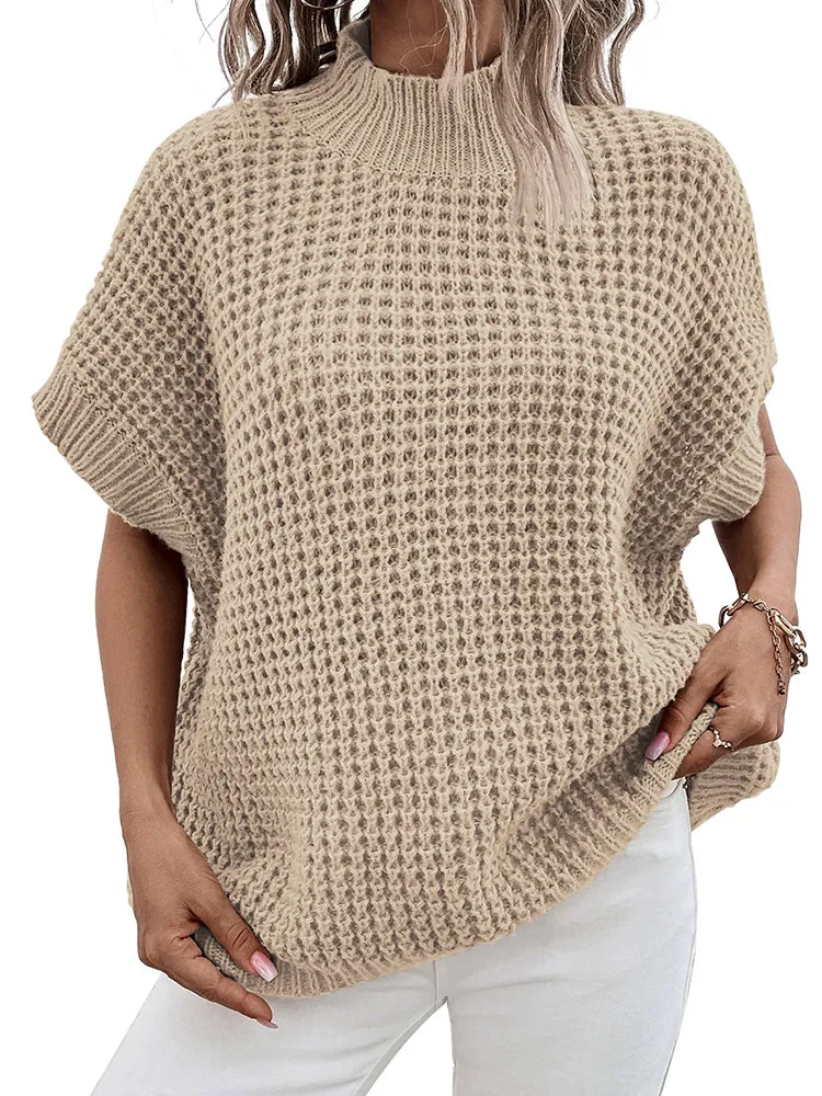 Women's Mock Neck Batwing Short Sleeve Pullover Sweater Loose Oversized Knit Jumper Tops