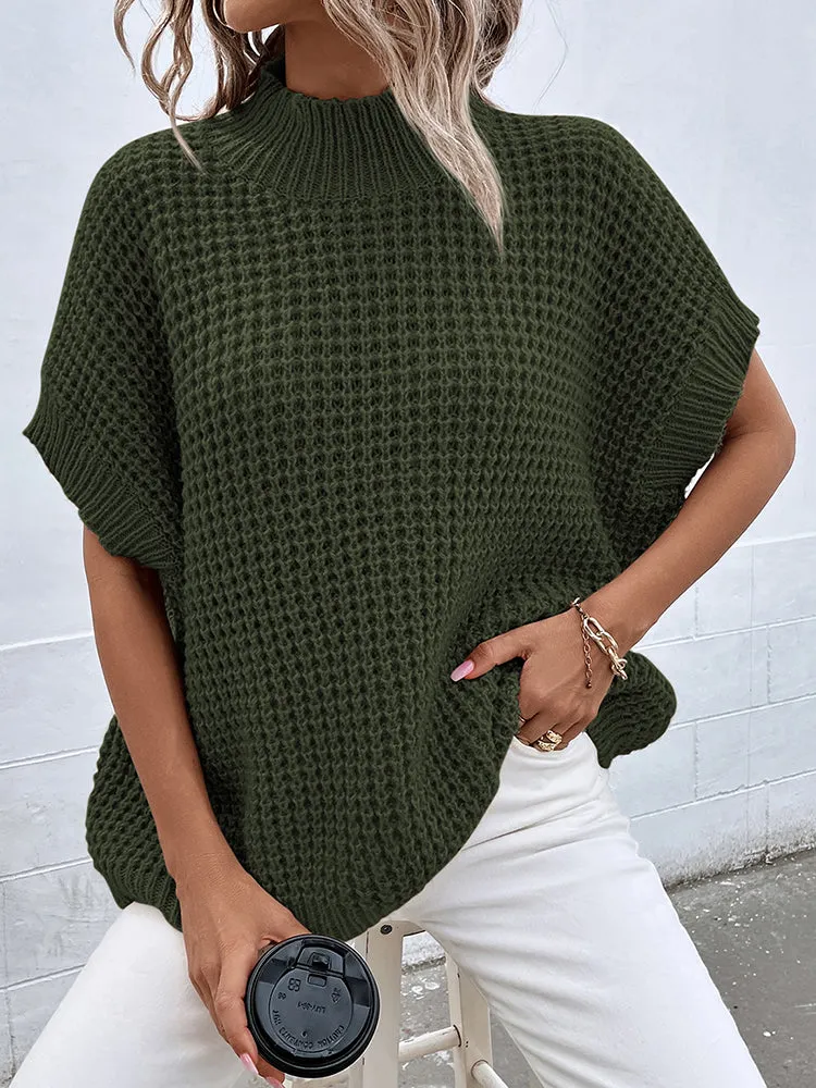 Women's Mock Neck Batwing Short Sleeve Pullover Sweater Loose Oversized Knit Jumper Tops