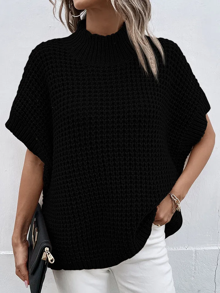 Women's Mock Neck Batwing Short Sleeve Pullover Sweater Loose Oversized Knit Jumper Tops