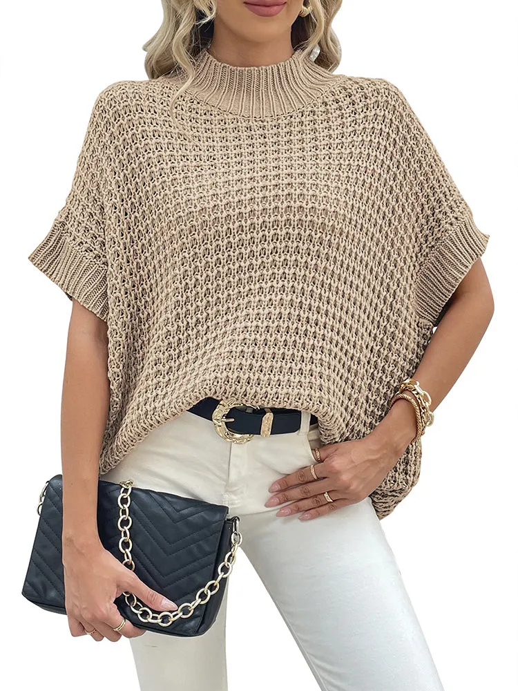 Women's Mock Neck Batwing Short Sleeve Pullover Sweater Loose Oversized Knit Jumper Tops