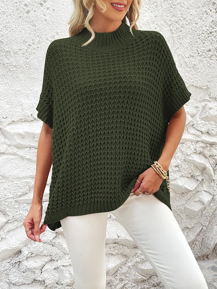 Women's Mock Neck Batwing Short Sleeve Pullover Sweater Loose Oversized Knit Jumper Tops