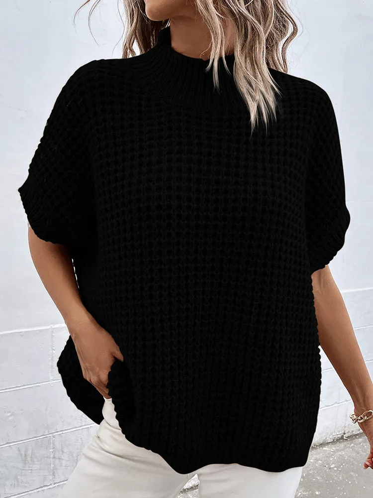 Women's Mock Neck Batwing Short Sleeve Pullover Sweater Loose Oversized Knit Jumper Tops